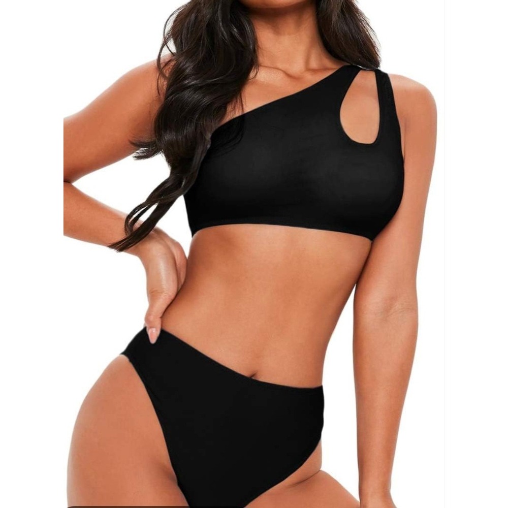 Black One Shoulder Cutout Bikini Set High Waist Two Piece Swimsuit Medium‎ NWOT